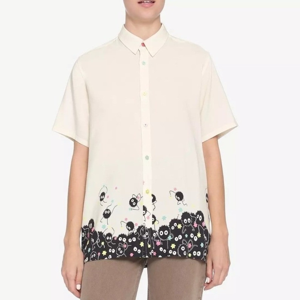 Her Universe Women's Button-Up Shirt Ghibli Soot Sprite Cream Short Sleeve